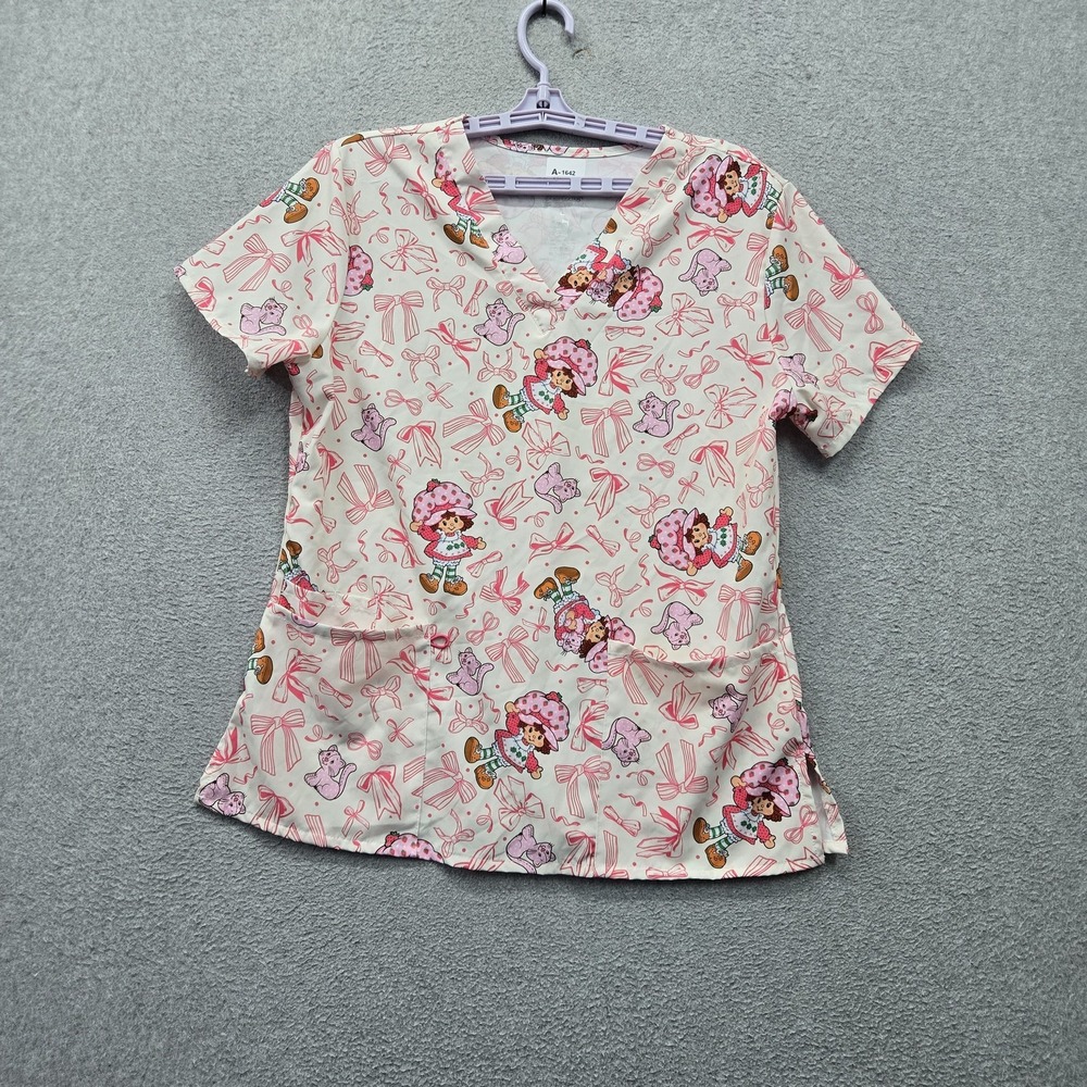 Scrub Club Women Scrub Top L Pink Graphic Strawberry Shortcake Mock Wrap Stretch